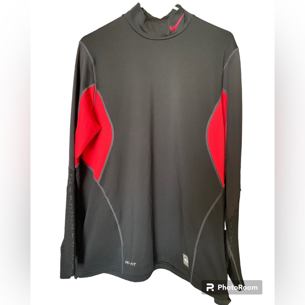 Nike Shirt Mens Large Black/Red Fitted Dri-Fit Long Sleeve Pro Combat